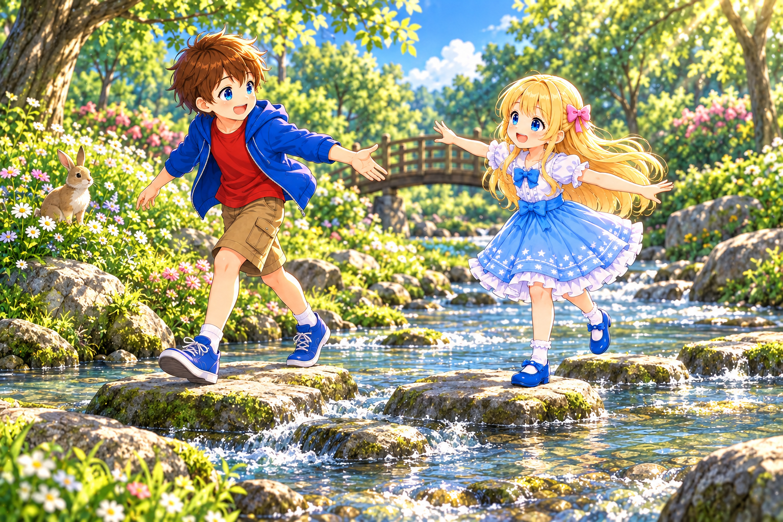 Bob and Alice crossing a brook on stepping stones, a rabbit on the bank