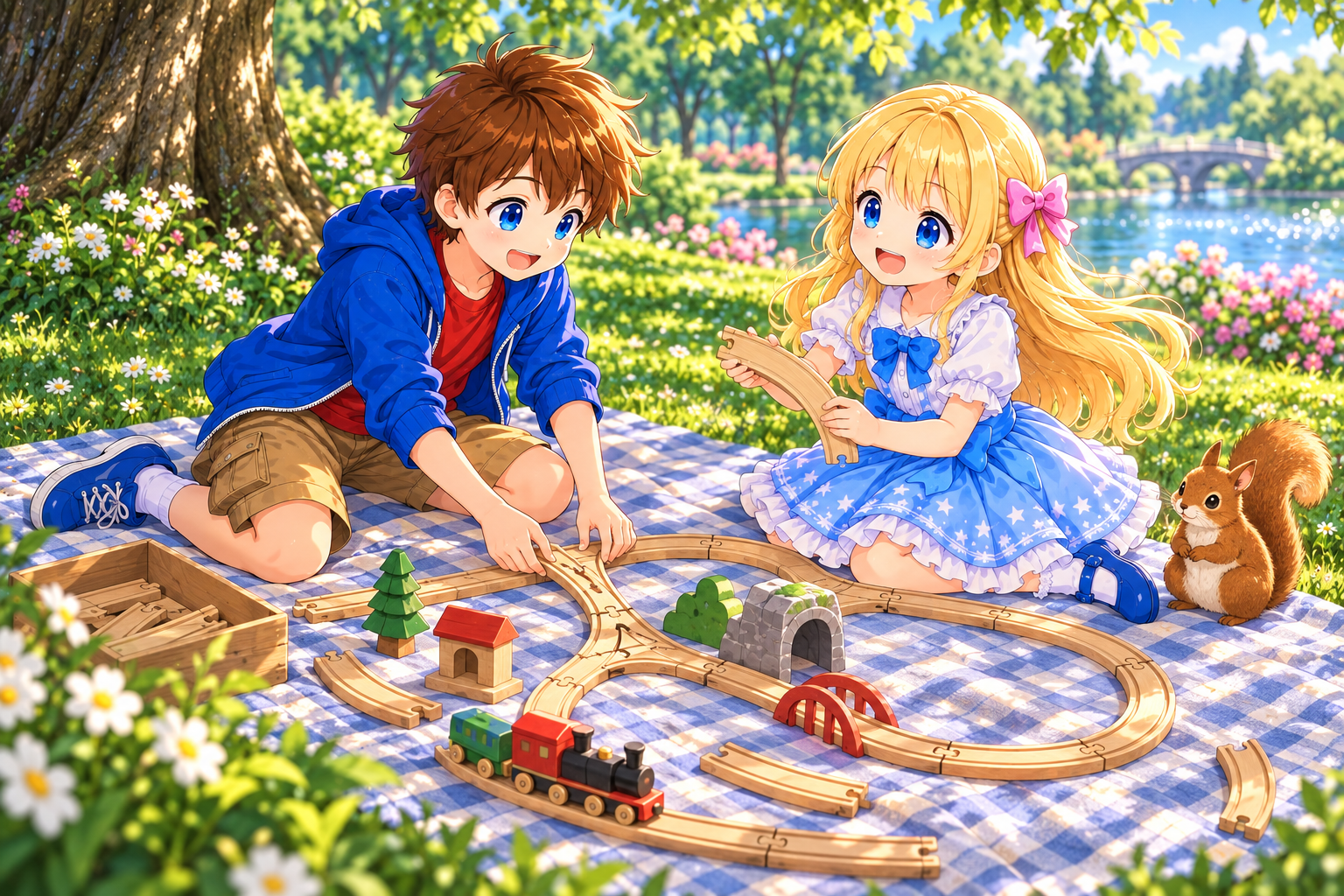 Bob and Alice assembling a wooden railway, a squirrel looking on