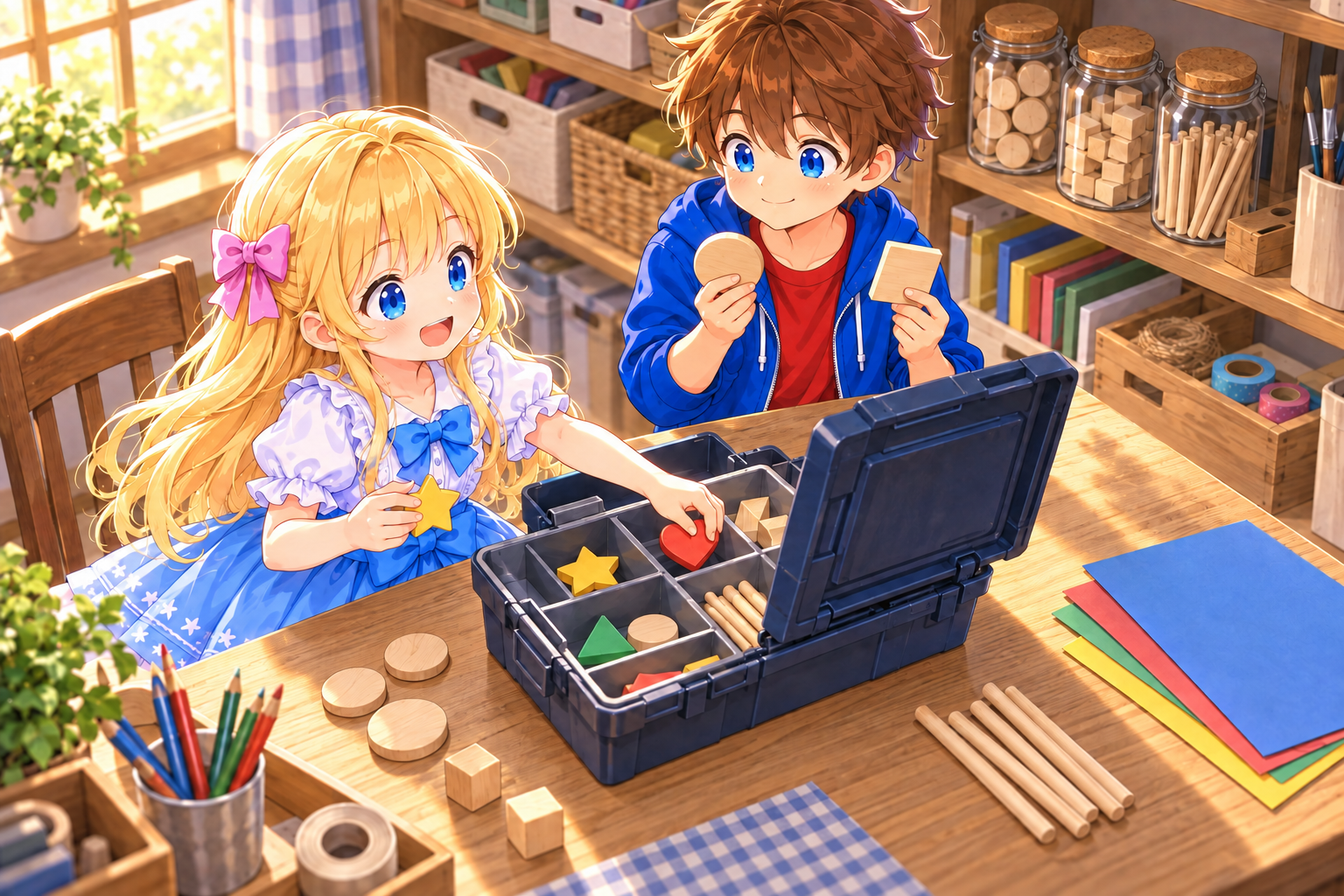 Alice and Bob choosing materials at an indoor workbench and packing a toolbox