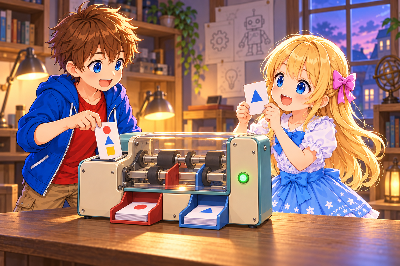 Bob and Alice running cards through the finished sorting machine, delighted at the result