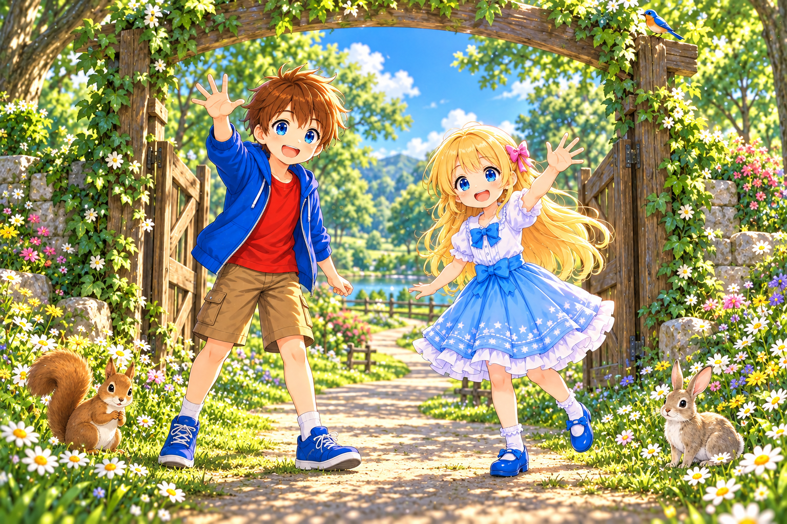 Bob and Alice greeting you in a nature park, with a squirrel, a rabbit and a small bird