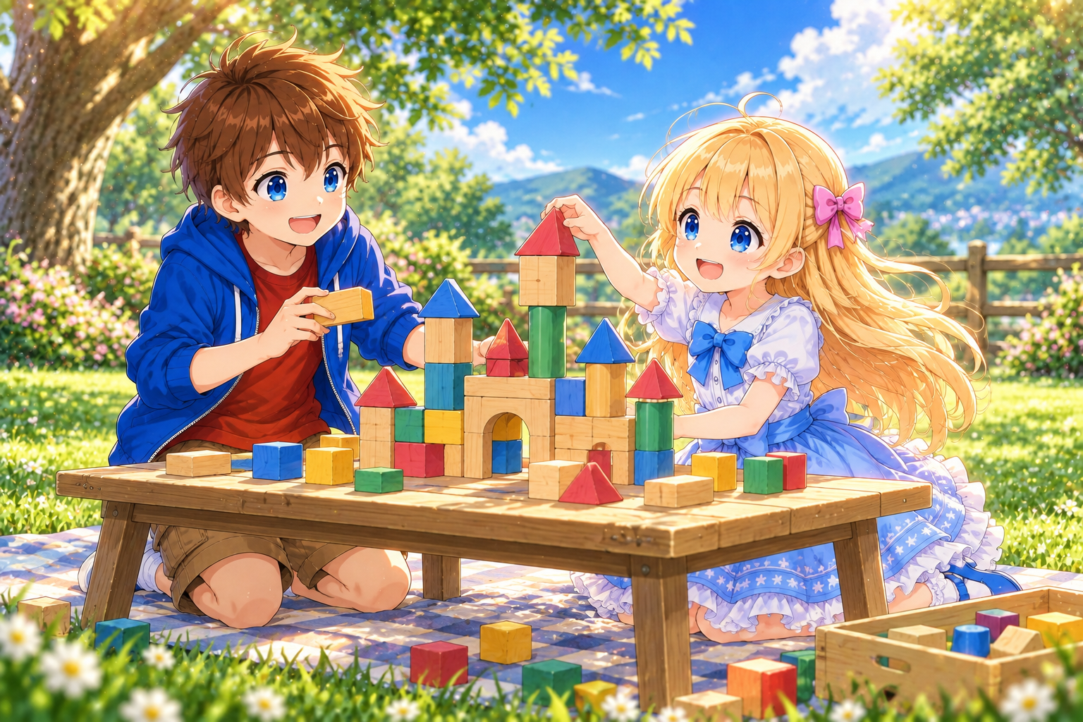 Alice and Bob building a block castle together