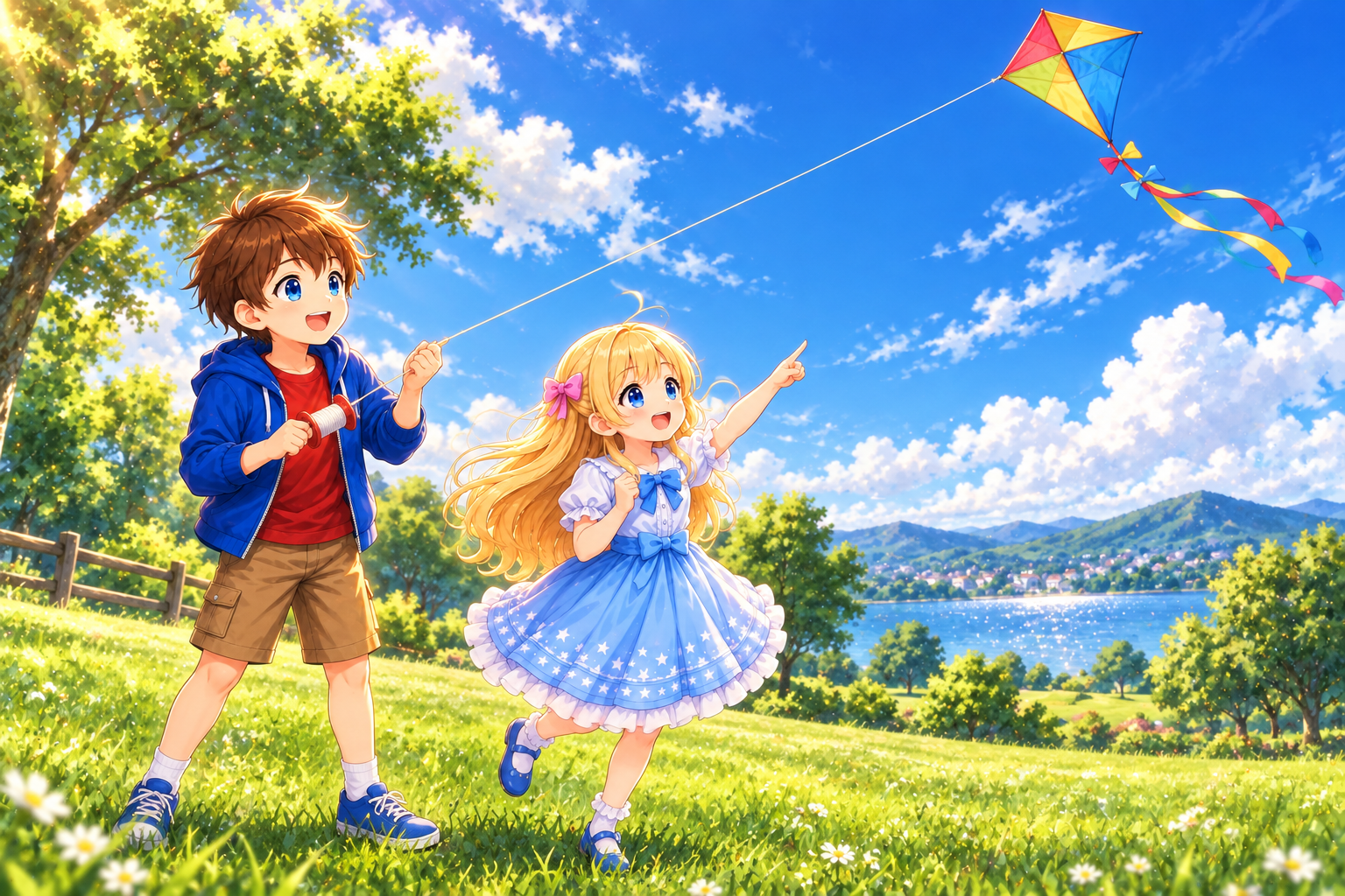Alice and Bob enjoying flying a kite