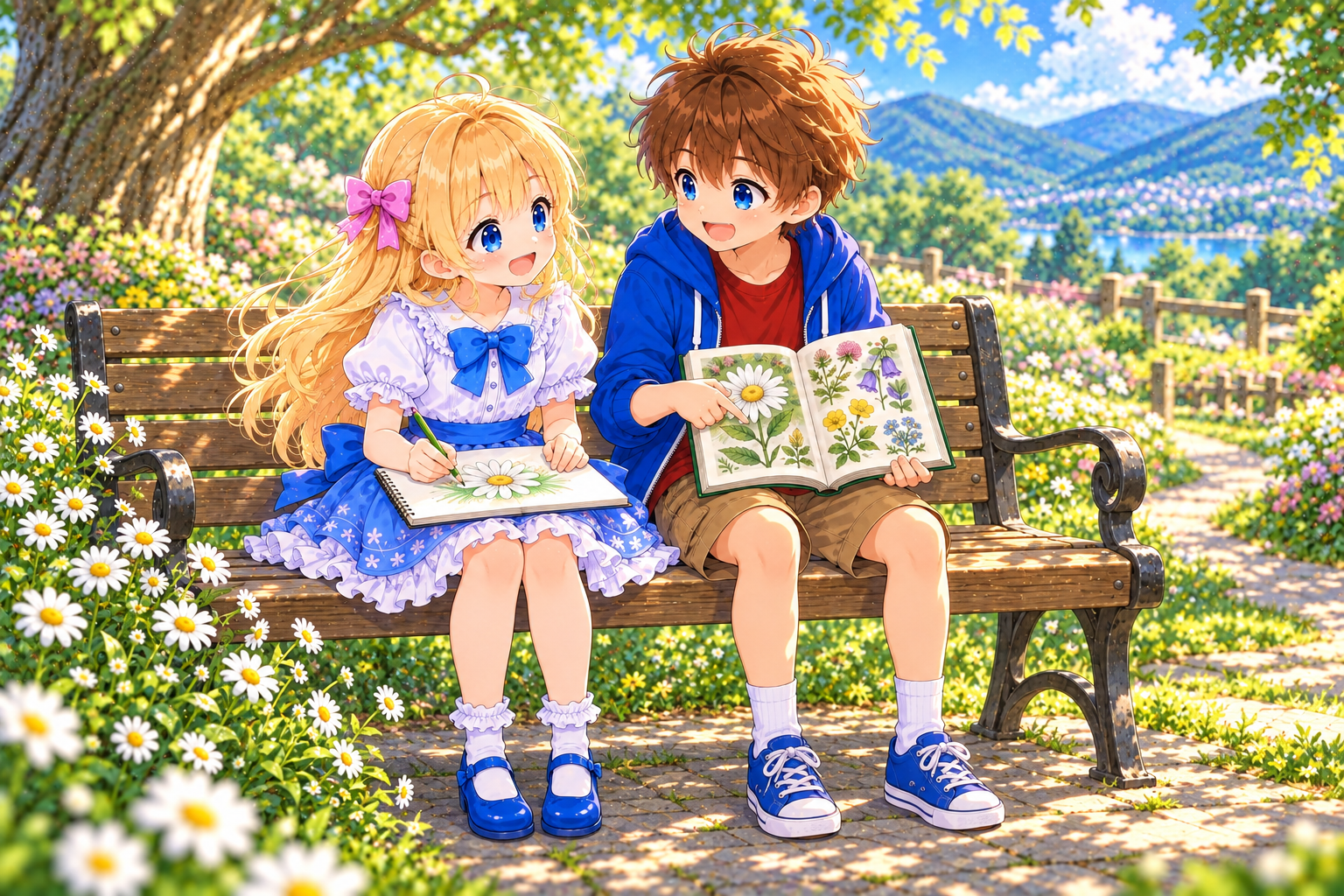 Alice and Bob drawing an observation journal while looking at a flower guide