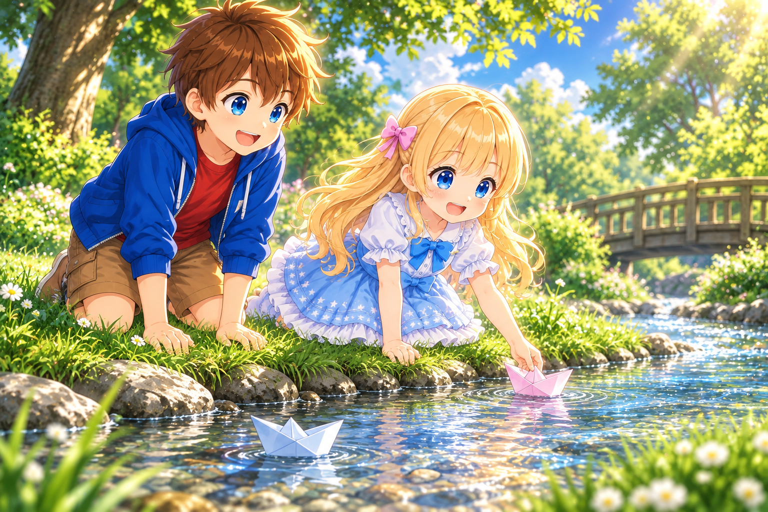 Alice and Bob playing with paper boats on the water
