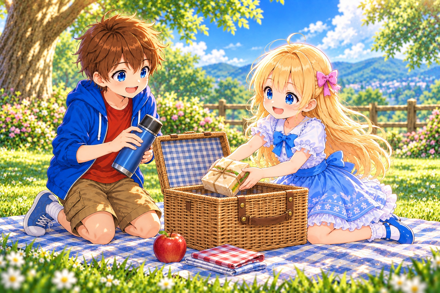 Alice and Bob preparing the things for a picnic together