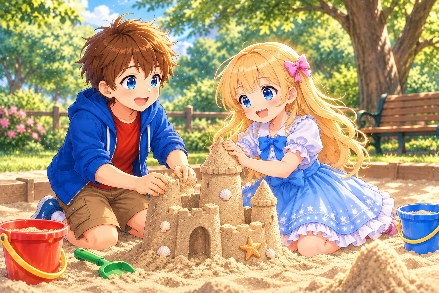 Alice and Bob building a sandcastle