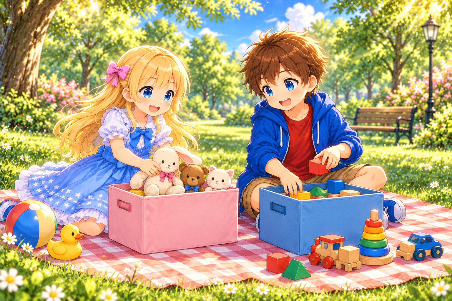 Alice and Bob sorting toys into boxes