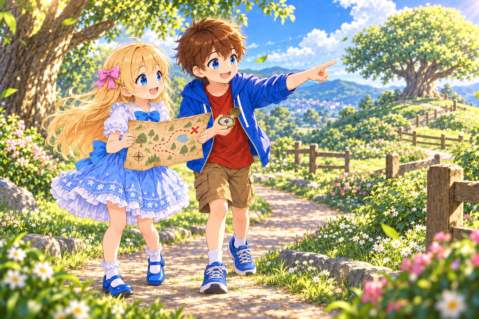 Alice and Bob enjoying a treasure hunt with a map and a compass